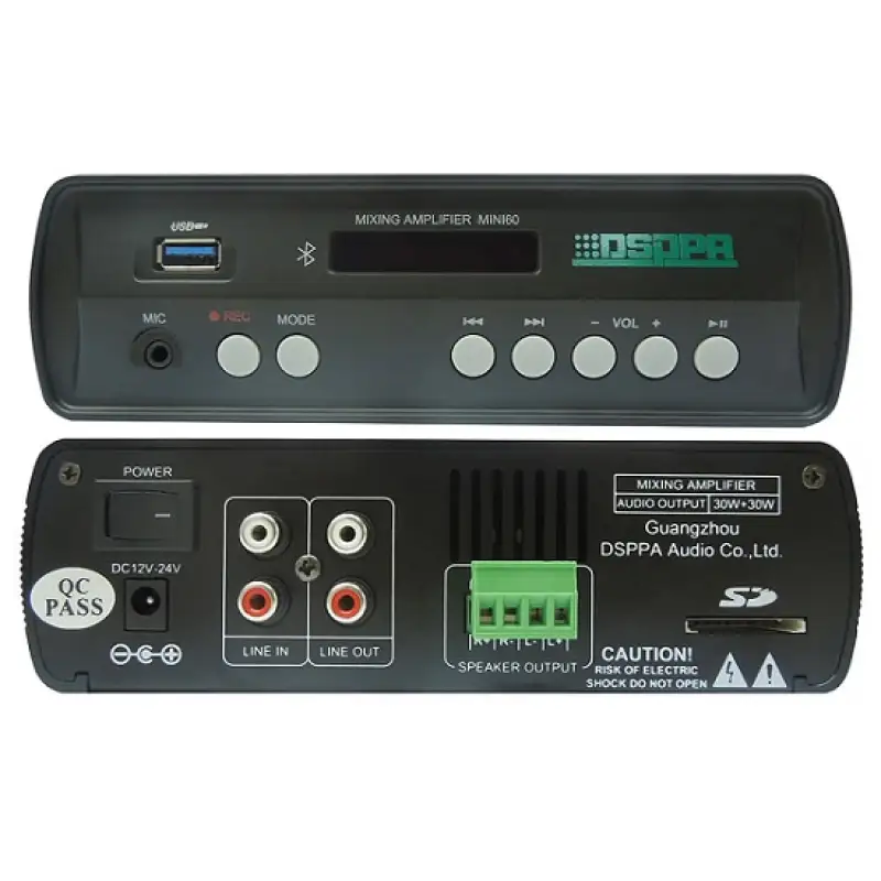 Amplificator cu mixer stereo 2x30W cu Bluetooth /USB/ SD, clasa D, intrare MIC/AUX, carcasa Aluminiu, DSPPA MINI60